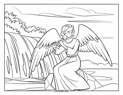 Dibujo de ángeles para colorear para niños: Un ángel bardo tocando una flauta junto a una cascada con vegetación abundante alrededor