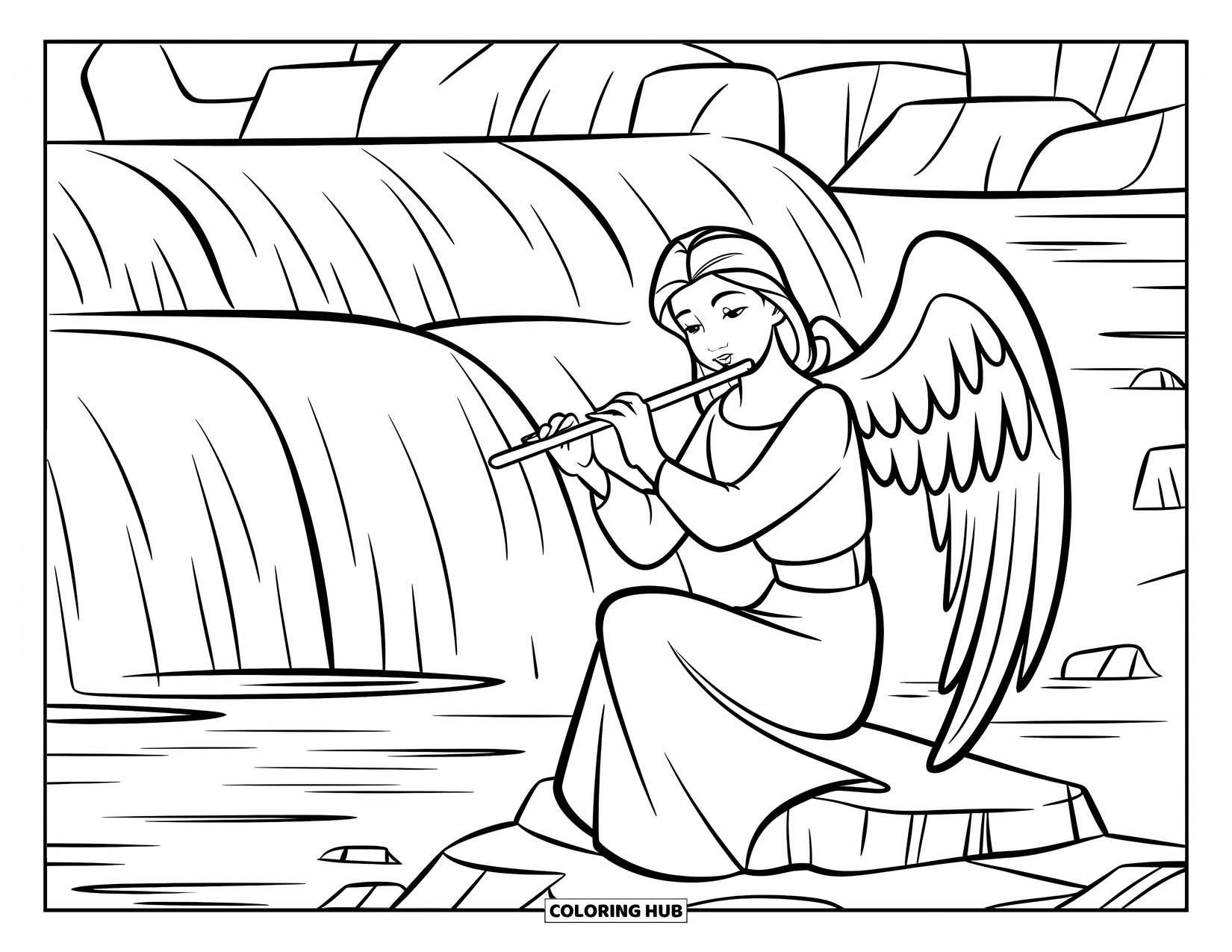 Angel Coloring Page for Kids: An angel bard playing a flute by a waterfall with small rocks around
