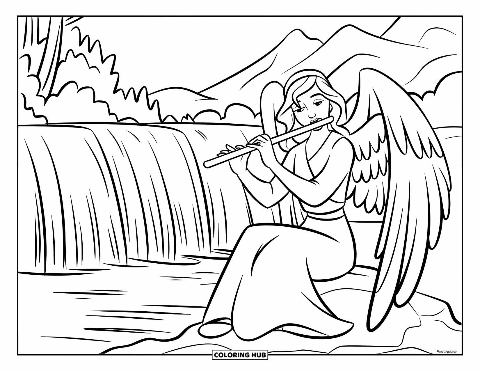 Angel Coloring Page for Kids: An angel bard playing a flute by a waterfall with trees and mountains