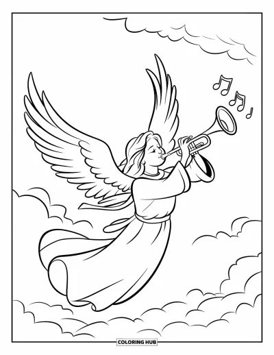 Dibujo de ángeles para colorear para niños: Un ángel soplando una trompeta rodeado de notas musicales