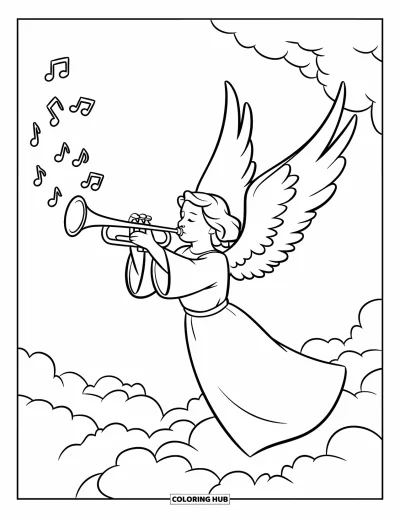 Dibujo de ángeles para colorear para niños: Un ángel soplando una trompeta con notas musicales flotando alrededor
