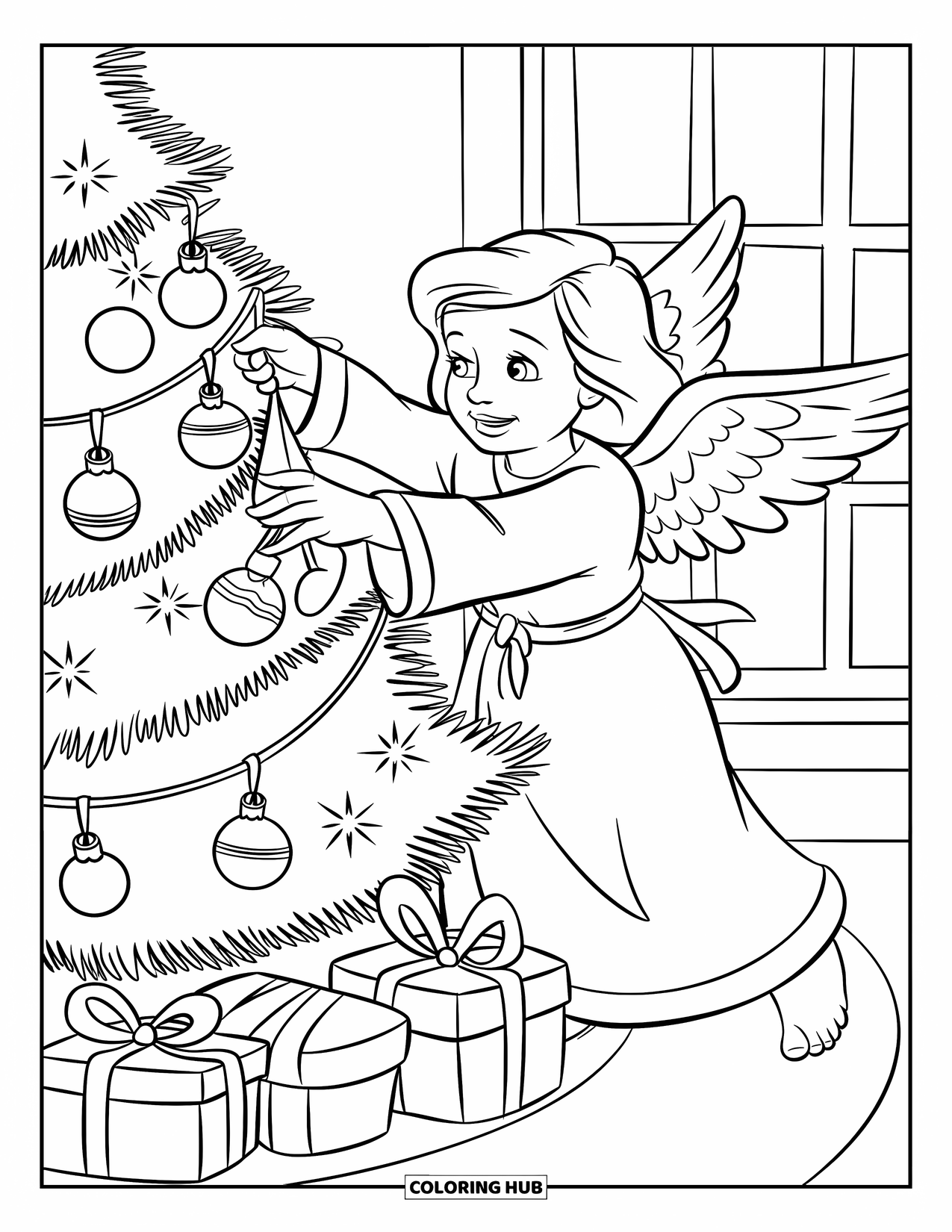 Angel Coloring Page for Kids: An angel decorating a Christmas tree with ornaments and gifts below