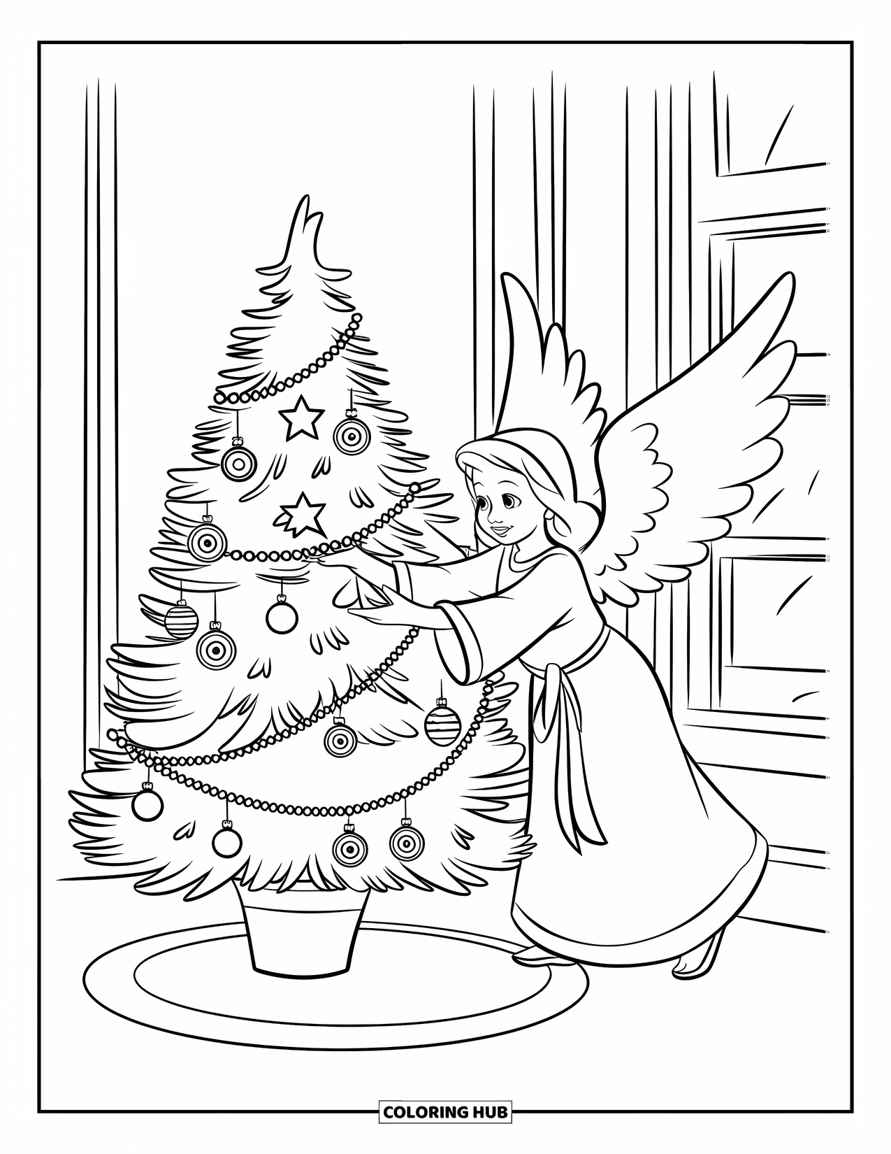 Angel Coloring Page for Kids: An angel decorating a Christmas tree with stars and bells