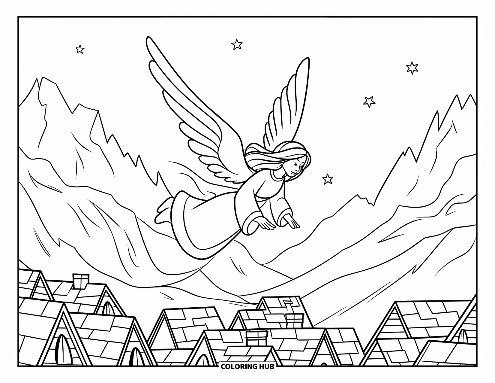 Angel Coloring Page for Kids: An angel flying above a village nestled between mountains