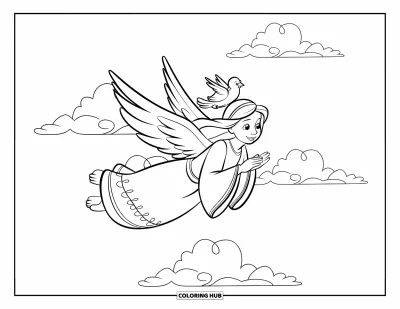 Dibujo de ángeles para colorear para niños: Un ángel volando con gracia con un pájaro en su hombro