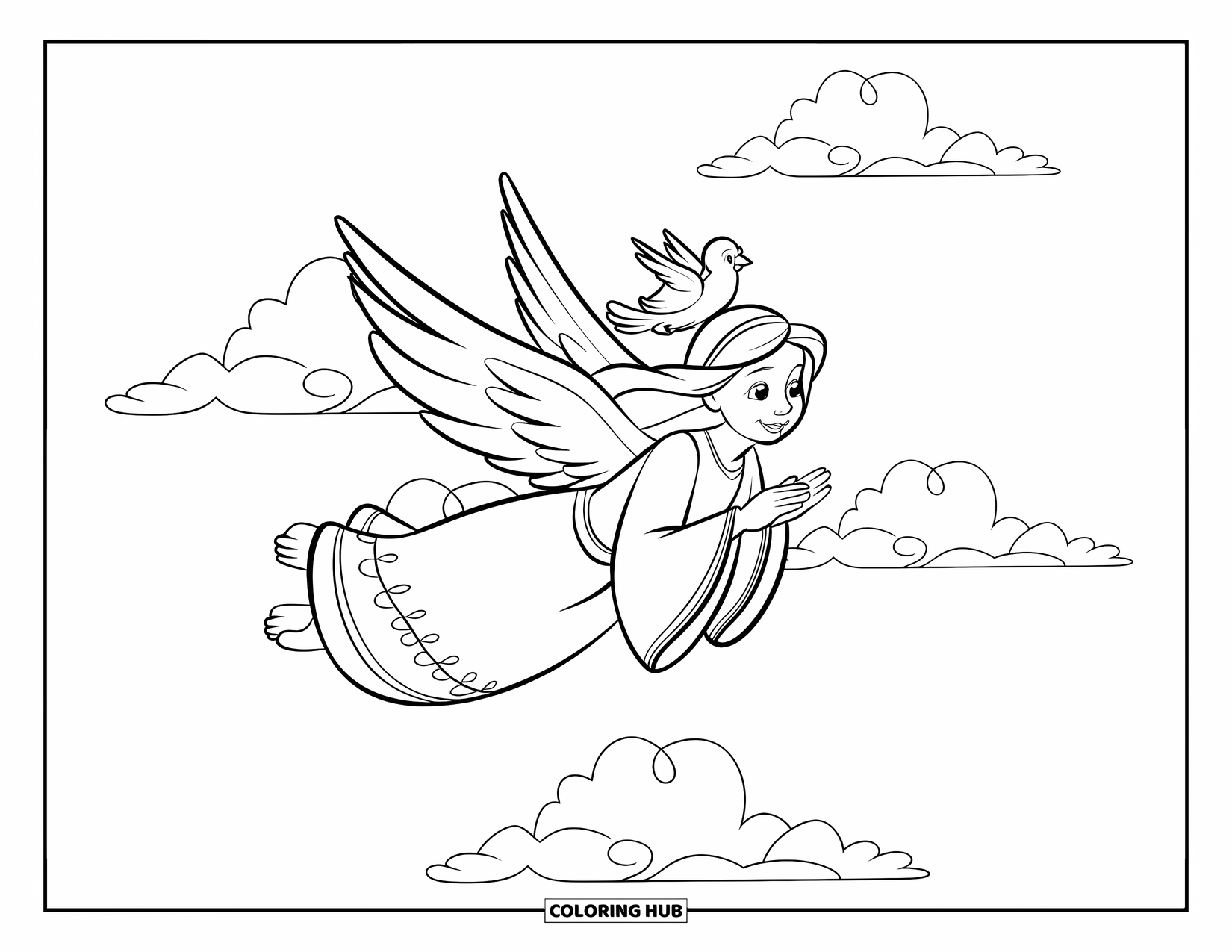 Angel Coloring Page for Kids: An angel flying gracefully with a bird on its shoulder