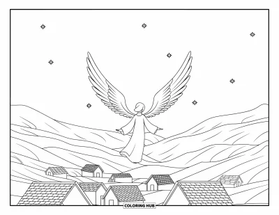 Dibujo de ángeles para colorear para niños: Un ángel volando sobre un pueblo con estrellas y montañas alrededor