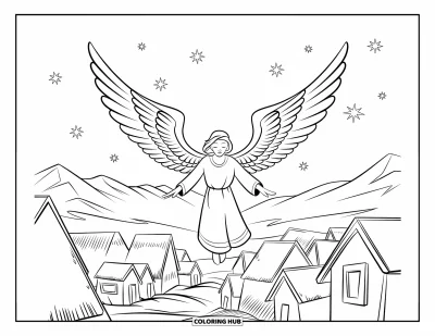 Dibujo de ángeles para colorear para niños: Un ángel volando sobre un pueblo con estrellas en el cielo