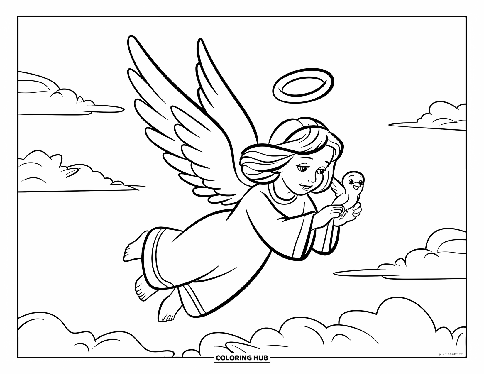 Angel Coloring Page for Kids: An angel flying with a tiny bird companion