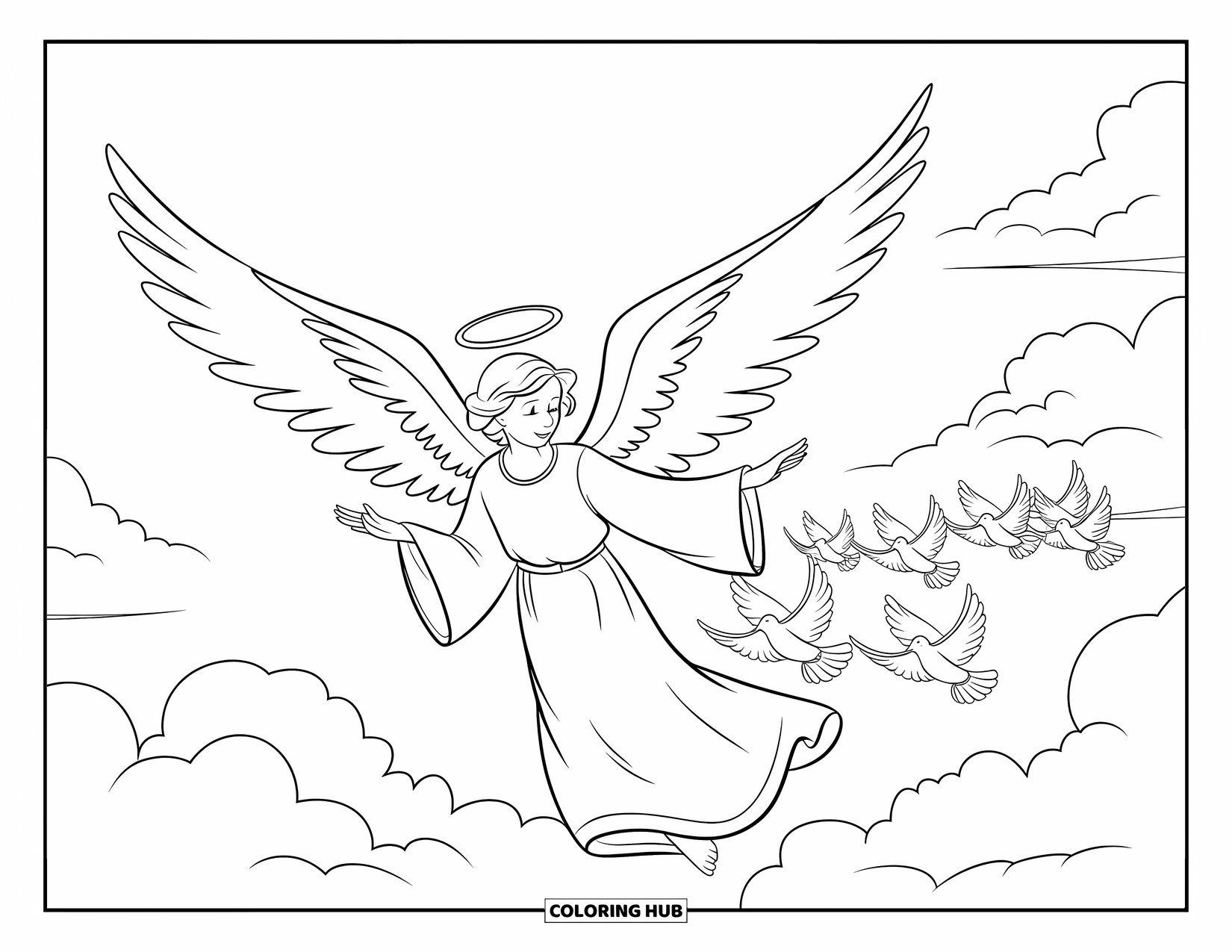 Angel Coloring Page for Kids: An angel guiding doves in a V-shape with clouds around