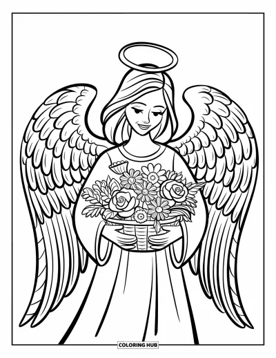 Dibujo de ángeles para colorear para niños: Un ángel sosteniendo una cesta de flores con alas detalladas