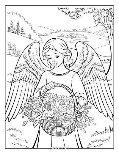 Dibujo de ángeles para colorear para niños: Un ángel sosteniendo una cesta de flores con rosas y margaritas