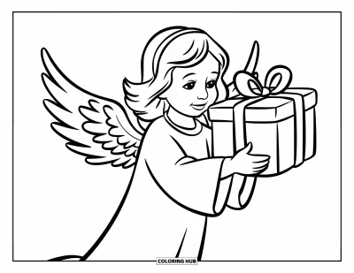 Dibujo de ángeles para colorear para niños: Un ángel sosteniendo un regalo con expresión dulce