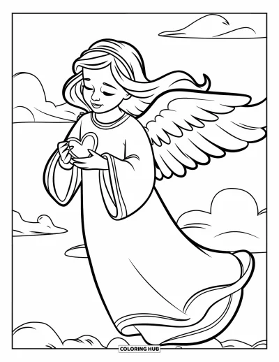 Dibujo de ángeles para colorear para niños: Un ángel sosteniendo un relicario en forma de corazón sobre una nube