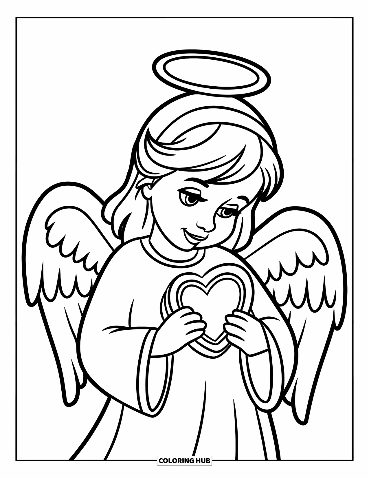 Angel Coloring Page for Kids: An angel holding a heart-shaped locket with wings and a robe