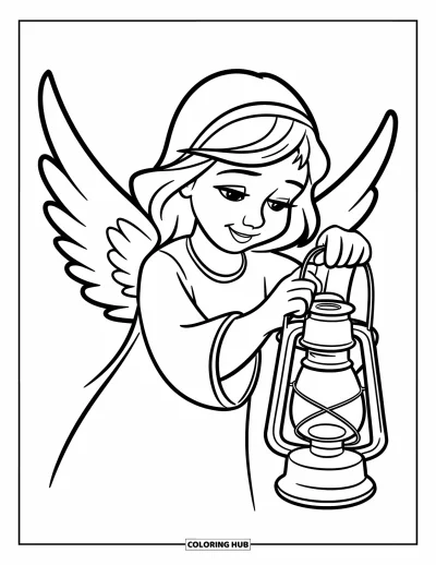 Dibujo de ángeles para colorear para niños: Un ángel sosteniendo una linterna con expresión dulce