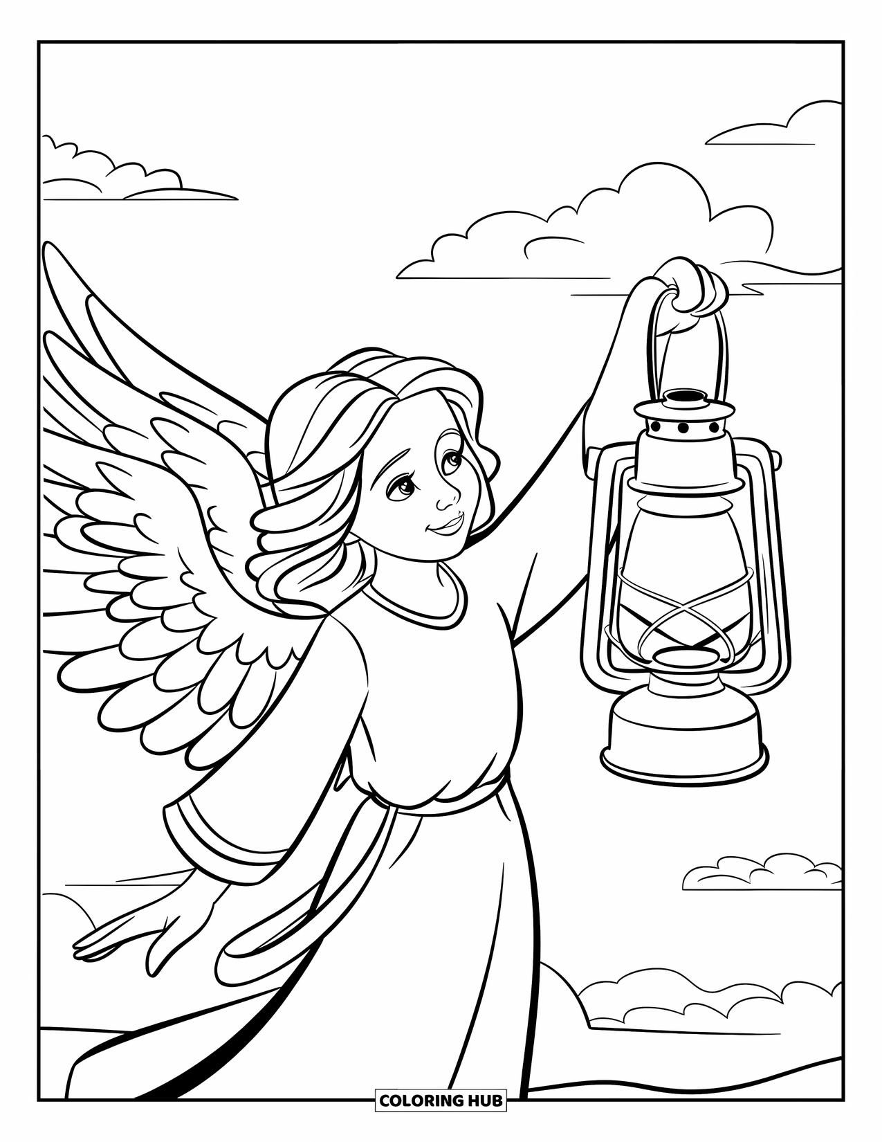 Angel Coloring Page for Kids: An angel holding a lantern with stars in the sky