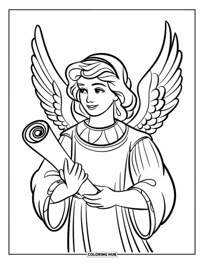 Dibujo de ángeles para colorear para niños: Un ángel sosteniendo un pergamino con expresión dulce