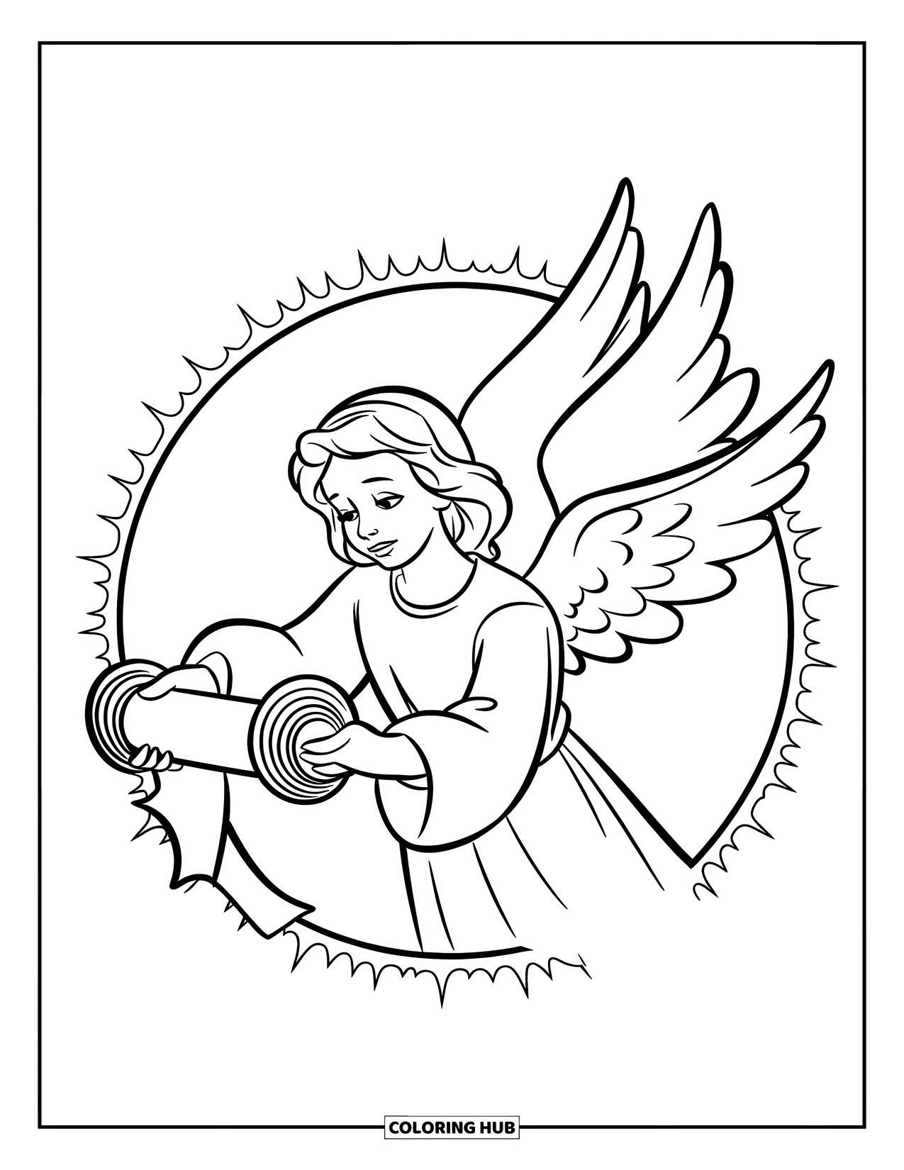 Angel Coloring Page for Kids: An angel holding a scroll with a glowing aura