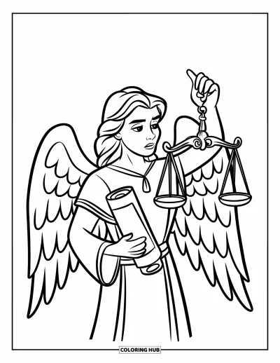 Dibujo de ángeles para colorear para niños: Un ángel juez sosteniendo una balanza y un pergamino con expresión seria