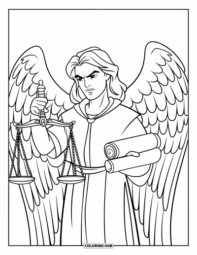 Dibujo de ángeles para colorear para niños: Un ángel juez sosteniendo una balanza y un pergamino con alas y túnica