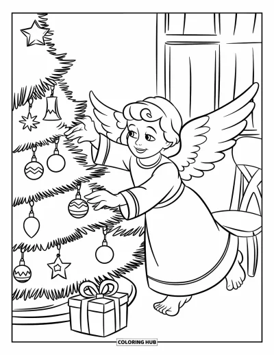 Dibujo de ángeles para colorear para niños: Un ángel colocando adornos en un árbol de Navidad con una estrella arriba
