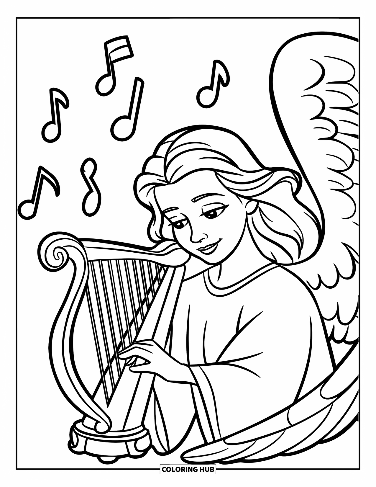 Angel Coloring Page for Kids: An angel playing a harp with soft notes around