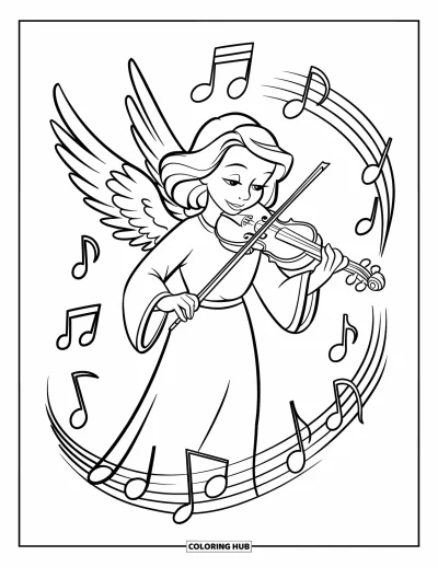 Dibujo de ángeles para colorear para niños: Un ángel tocando un violín con notas que giran alrededor