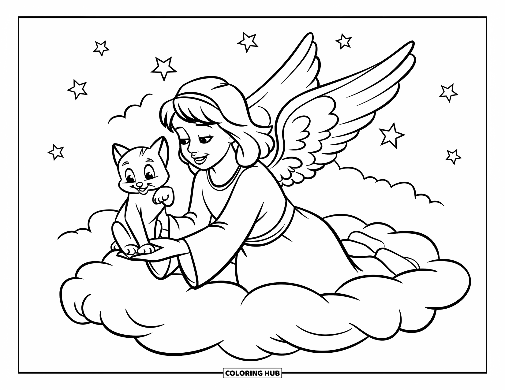 Angel Coloring Page for Kids: An angel playing with a kitten on a cloud with stars