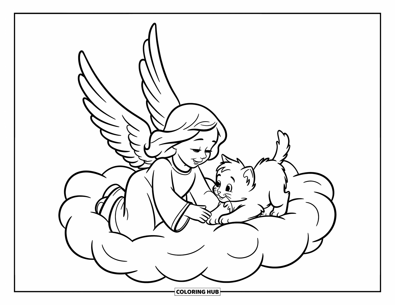 Angel Coloring Page for Kids: An angel playing with a kitten on a fluffy cloud