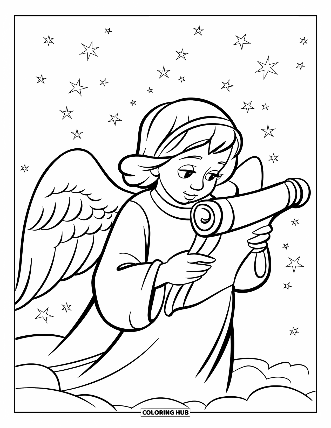 Angel Coloring Page for Kids: An angel sitting on a cloud reading a scroll with stars