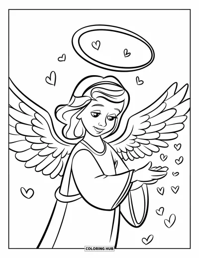 Dibujo de ángeles para colorear para niños: Un ángel esparciendo pequeños corazones con una gran aureola