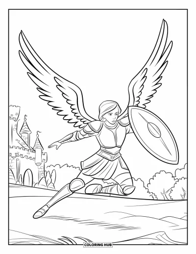 Dibujo de ángeles para colorear para niños: Un ángel guerrero bloqueando con un escudo en batalla cerca de un castillo