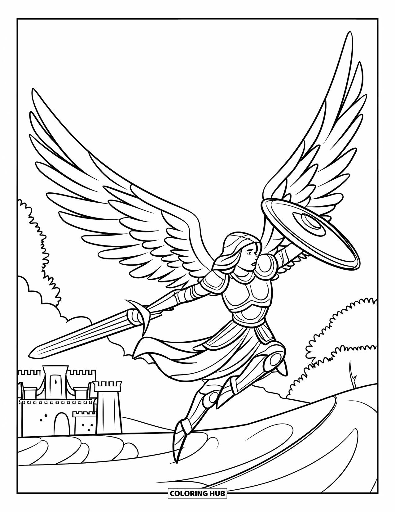 Angel Coloring Page for Kids: An angel warrior in armor blocking with a shield near a castle