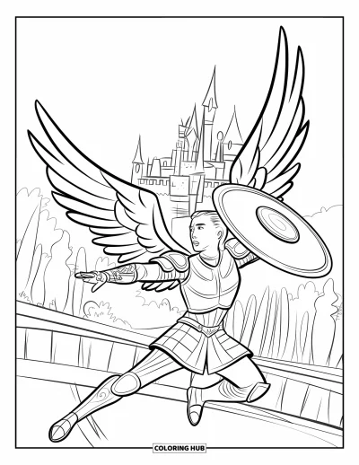 Dibujo de ángeles para colorear para niños: Un ángel guerrero con un escudo en batalla junto a un castillo y árboles