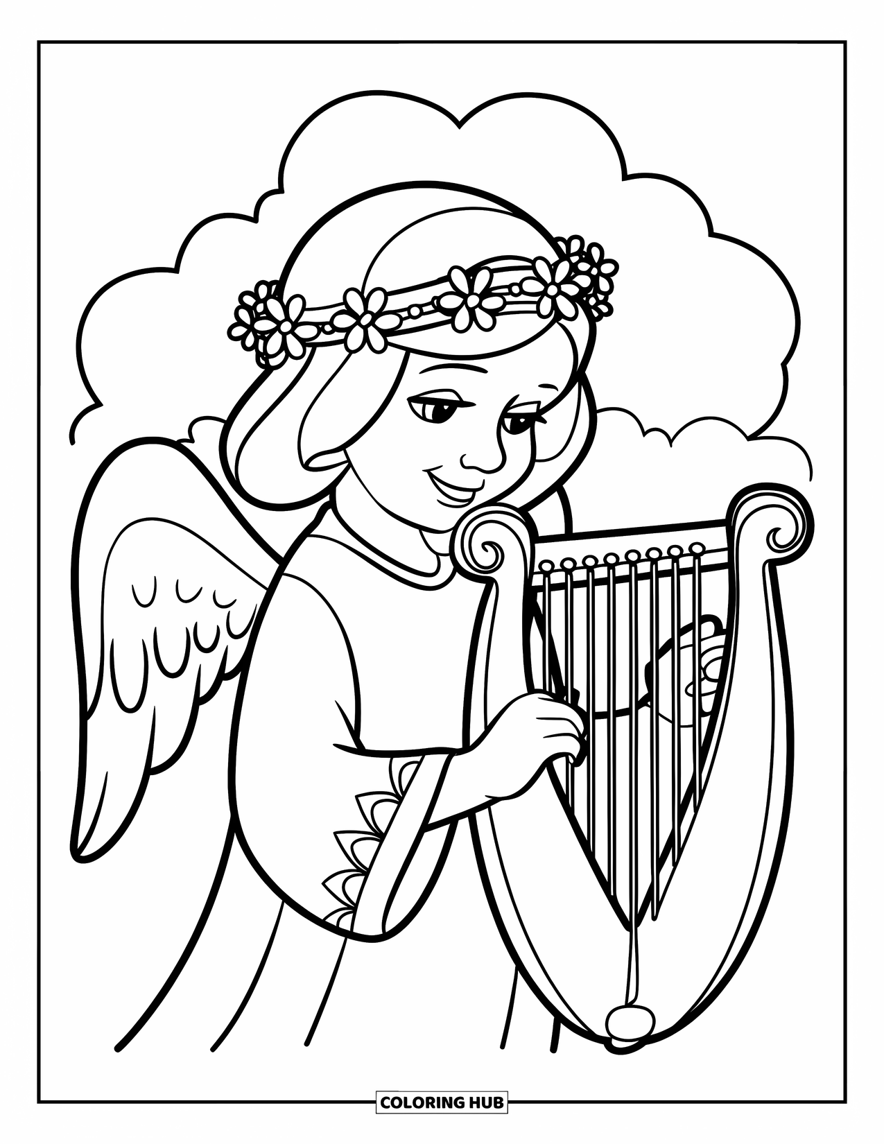 Angel Coloring Page for Kids: An angel wearing a flower headband with wings and a robe