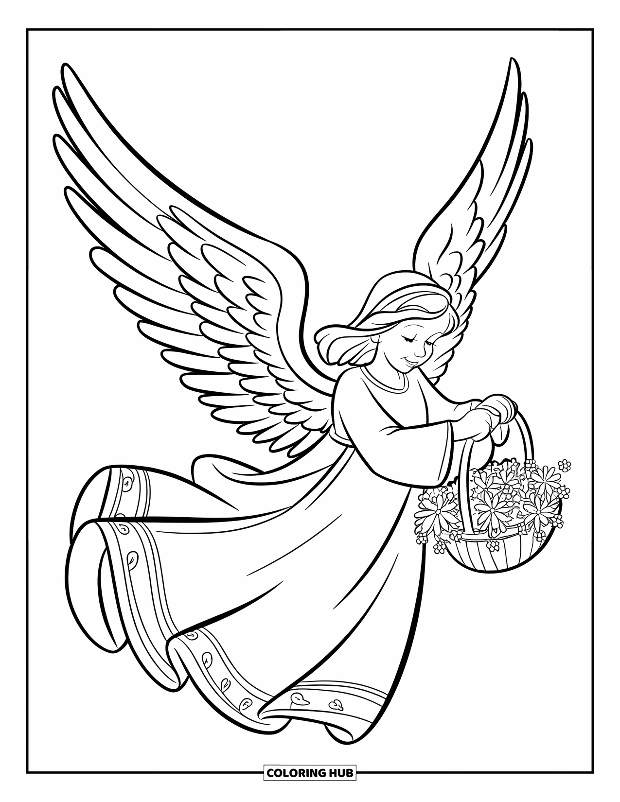Angel Coloring Page for Kids: An angel with a basket of flowers floating in mid-air