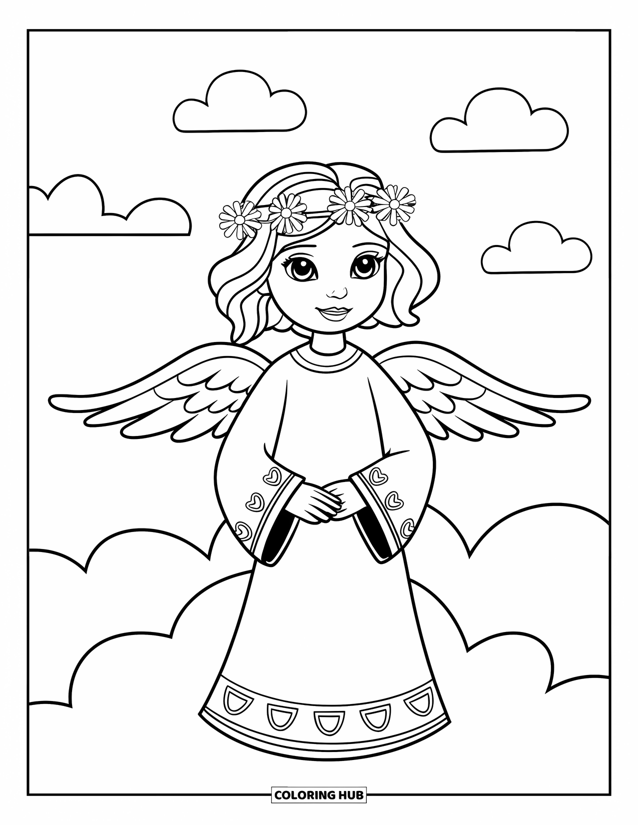 Angel Coloring Page for Kids: An angel with a flower headband and patterned robe on a cloud