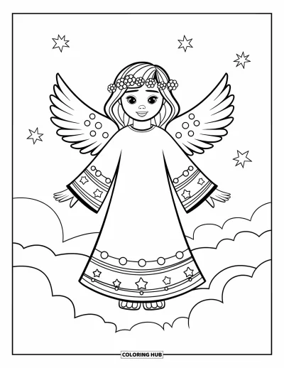 Dibujo de ángeles para colorear para niños: Un ángel con diadema de flores y estampados en la túnica