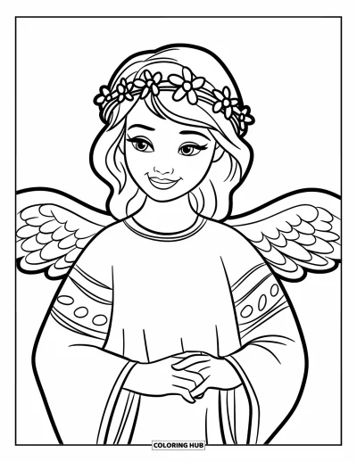 Dibujo de ángeles para colorear para niños: Un ángel con diadema de flores de pie sobre una nube con estrellas