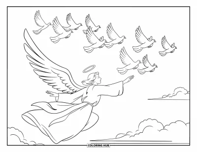 Dibujo de ángeles para colorear para niños: Un ángel con aureola guiando palomas en el cielo