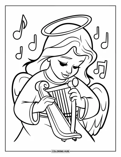 Dibujo de ángeles para colorear para niños: Un ángel con aureola tocando un arpa con elegancia