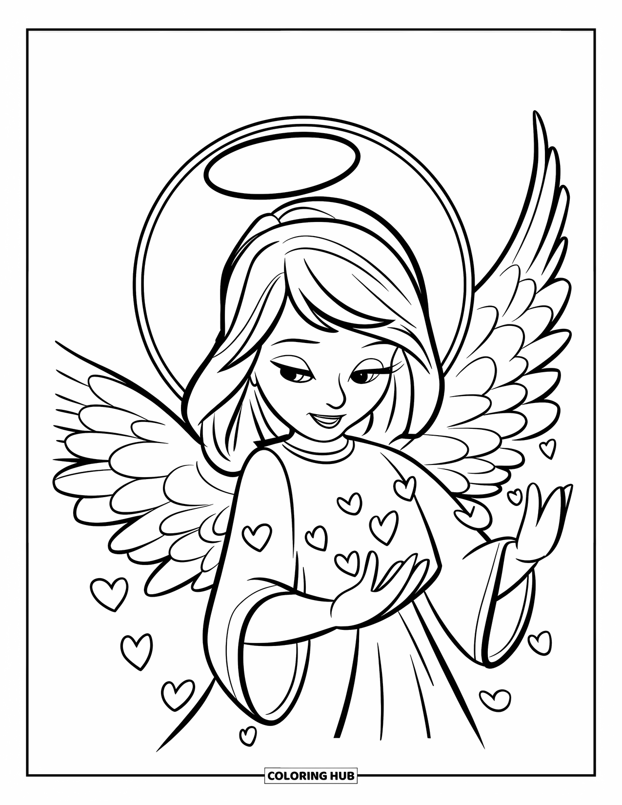 Angel Coloring Page for Kids: An angel with a halo scattering tiny hearts lovingly
