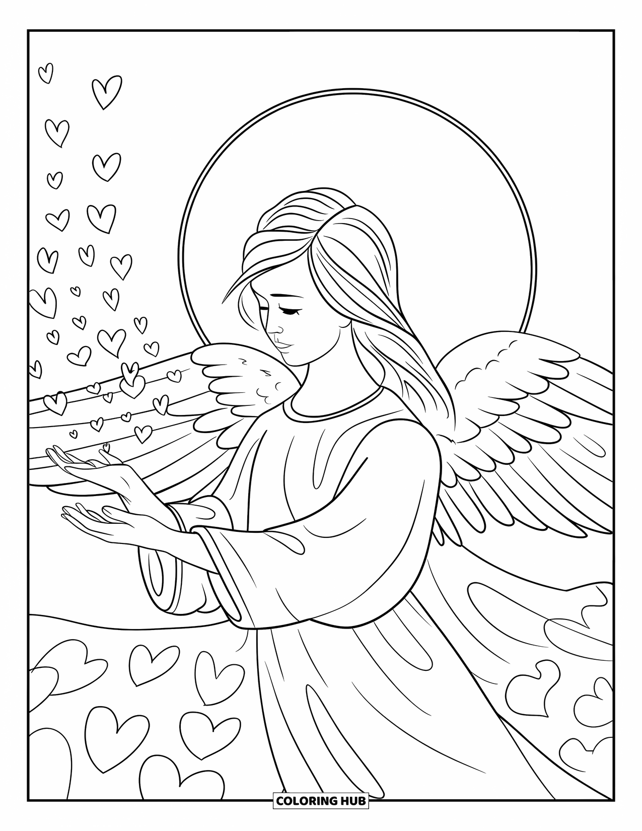 Angel Coloring Page for Kids: An angel with a halo sharing tiny hearts warmly