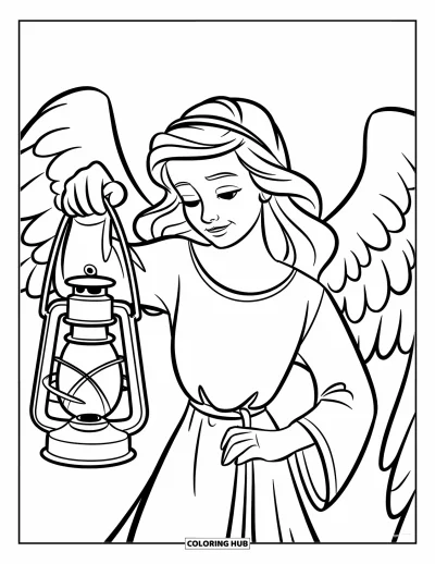 Dibujo de ángeles para colorear para niños: Un ángel con una linterna de pie sobre una nube con estrellas