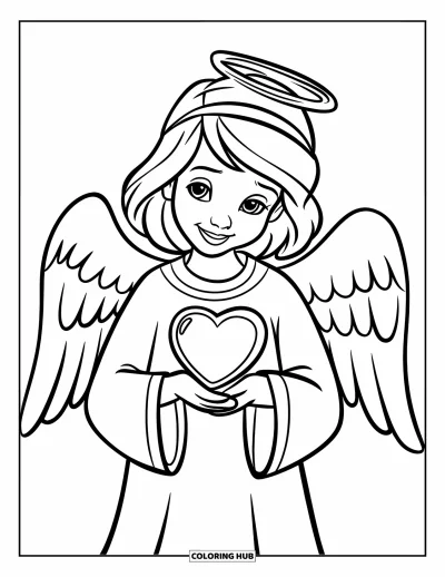 Dibujo de ángeles para colorear para niños: Un ángel con túnica suave sosteniendo un relicario en forma de corazón