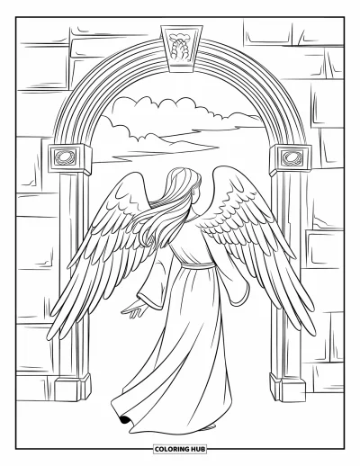 Dibujo de ángeles para colorear para niños: Un ángel con túnicas fluidas de pie junto a un arco de piedra