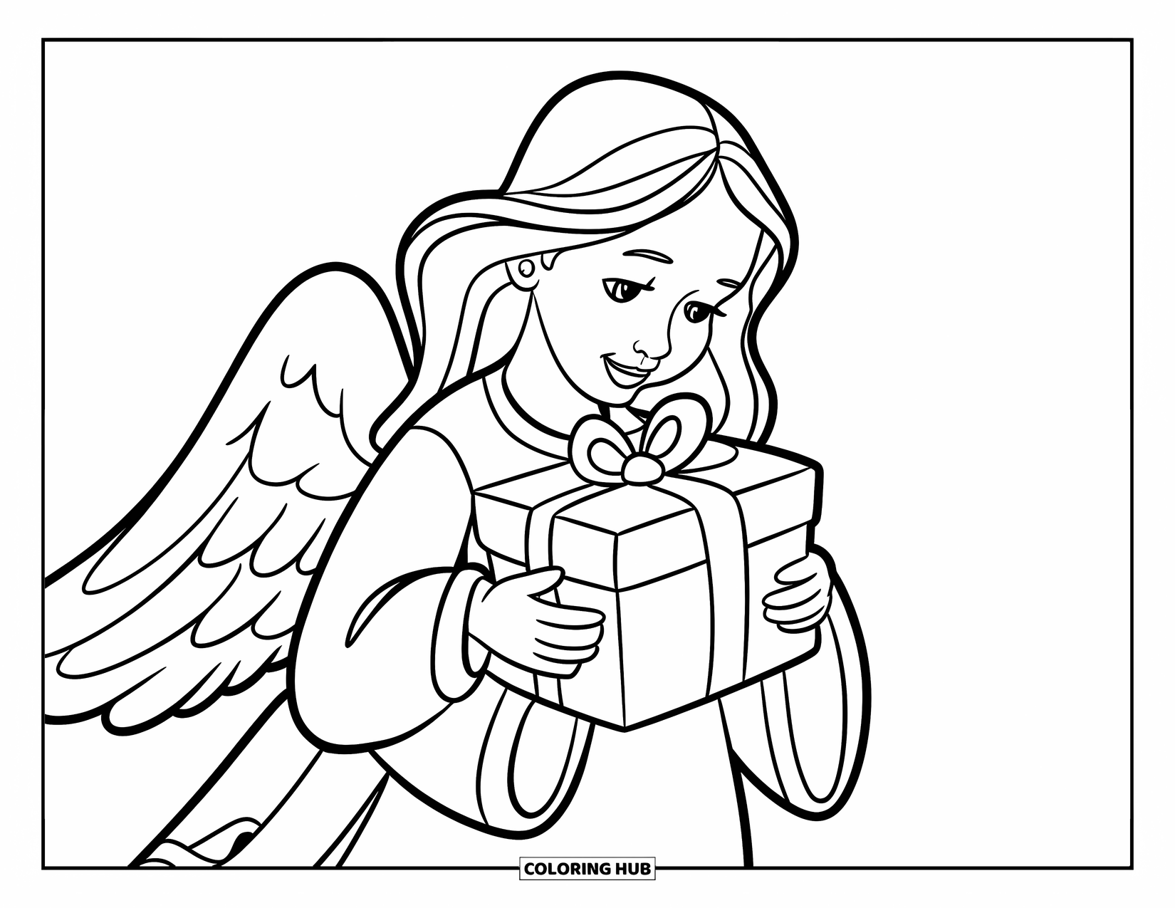 Angel Coloring Page for Kids: An angel with long hair holding a beautifully wrapped gift