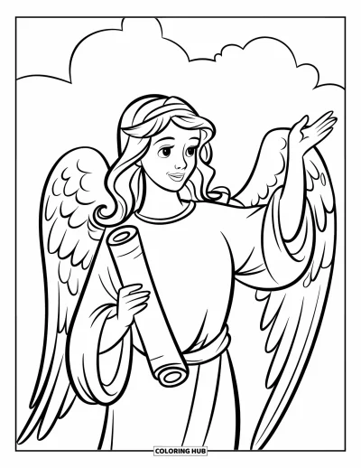 Dibujo de ángeles para colorear para niños: Un ángel de cabello largo sosteniendo un pergamino y levantando una mano