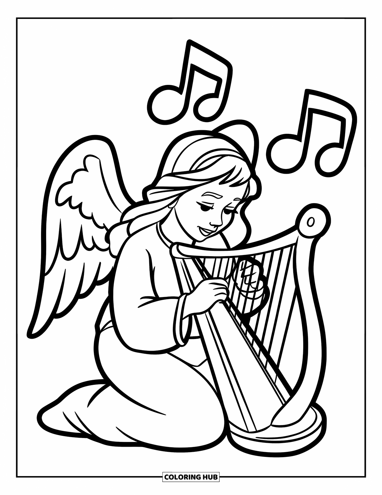 Angel Coloring Page for Kids: An angel with long hair playing a small harp joyfully